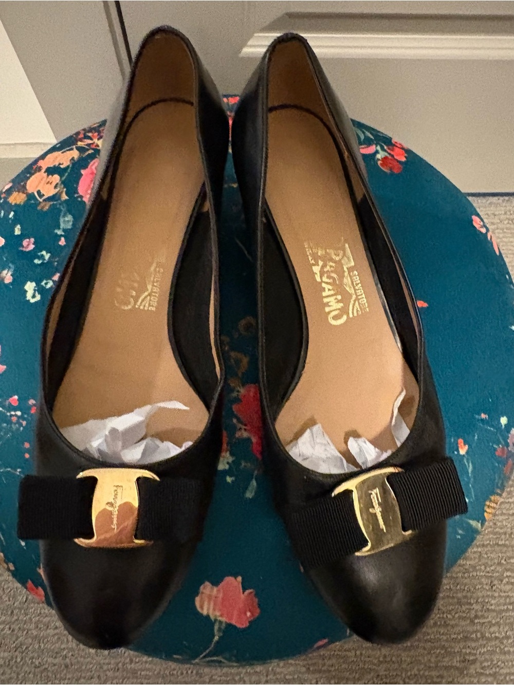 Salvatore Ferragamo Black Leather Bow Flats with Gold Plaque